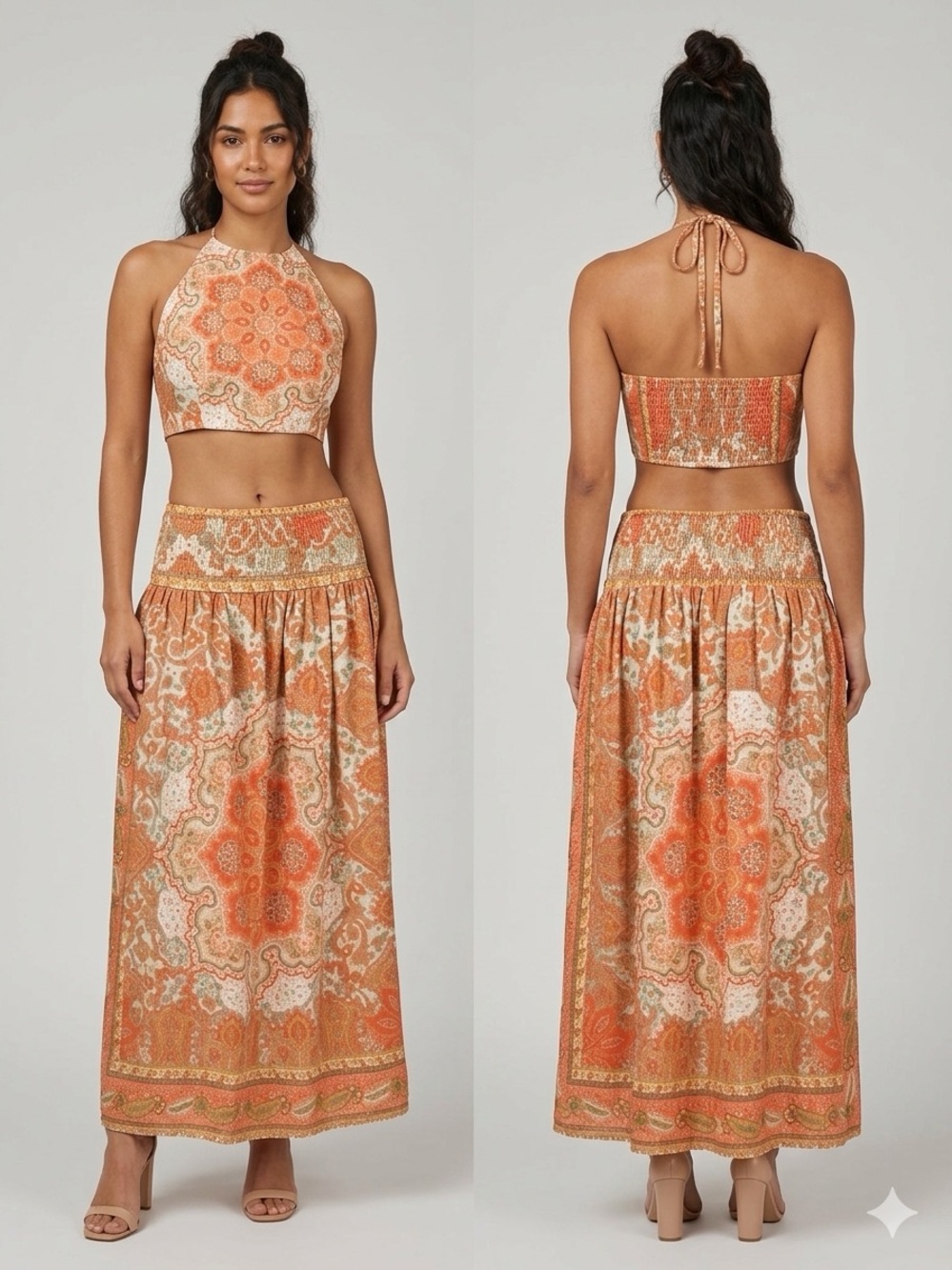House of Harlow 1960 Orange Paisley Maxi Skirt and Halter Top Set
